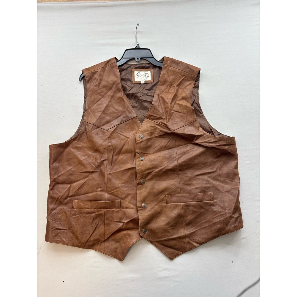 Scully Mens Brown Leather Western Vest Oklahoma State Seal Buttons XXL
